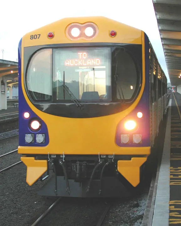 Front of a Britomart train with a fibreglass nose cone and cowcatchers manufactured by FDL