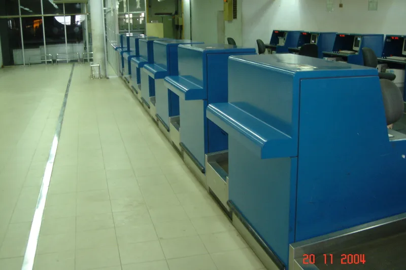 Blue fibreglass check-in counters – airport terminal fabrication line