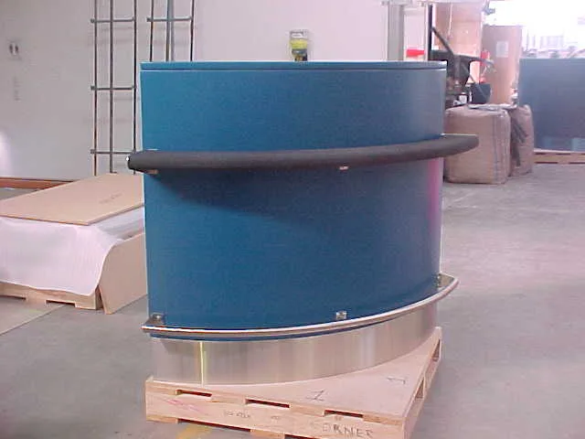 Red fibreglass workstation with shelving – terminal service counter design